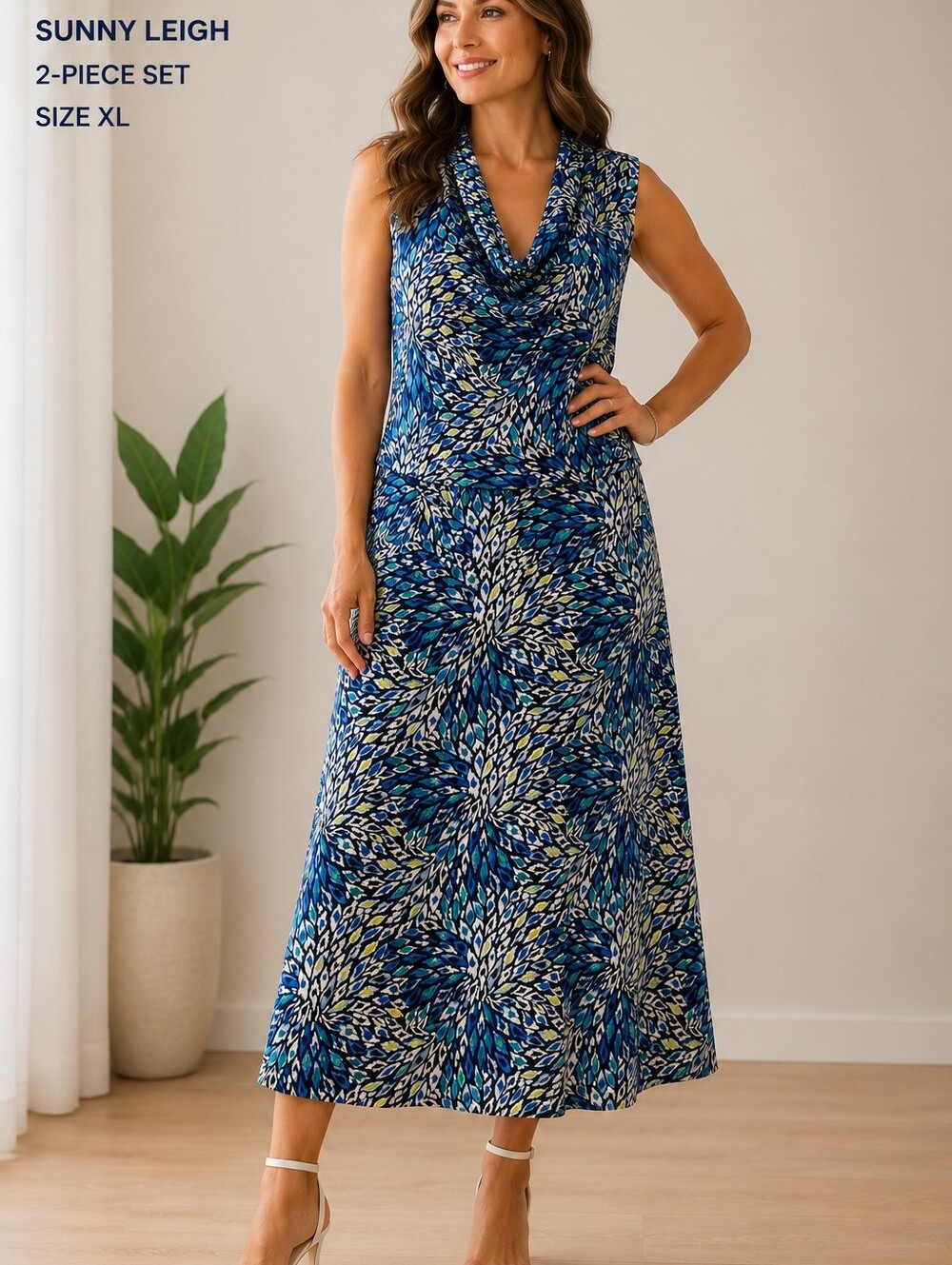 A-106 Sunny Leigh XL Blue Abstract Print 2-Piece Set Cowl Neck Top Midi Skirt